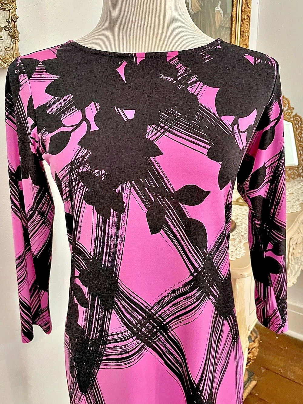 Bob Mackie Wearable Art Pink Black Abstract Floral Brushstroke Top XXS - Picture 4 of 9